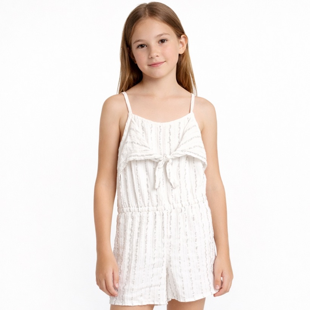 Justice Girl’s Bow Front Silver Sripe Spaghetti Strap Romper Medium White 10